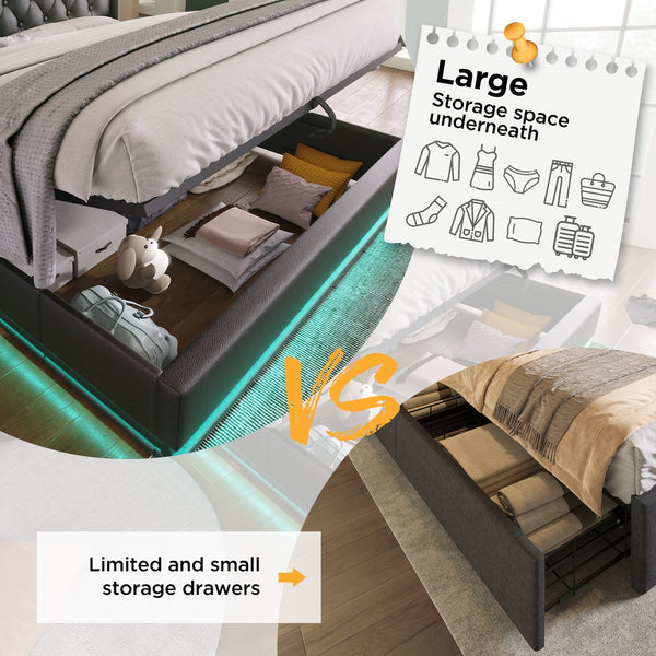 English Elm Twin Upholstered Bed with Hydraulic Storage, Surround LED, App/Remote Control & USB Type-C Charging Black N736P188805B