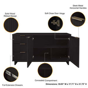 English Elm Granville 55" Sideboard with Solid Wood Ribbed Drawers, Gold Steel Handles & 3 Concealed Shelves Black B365S00115