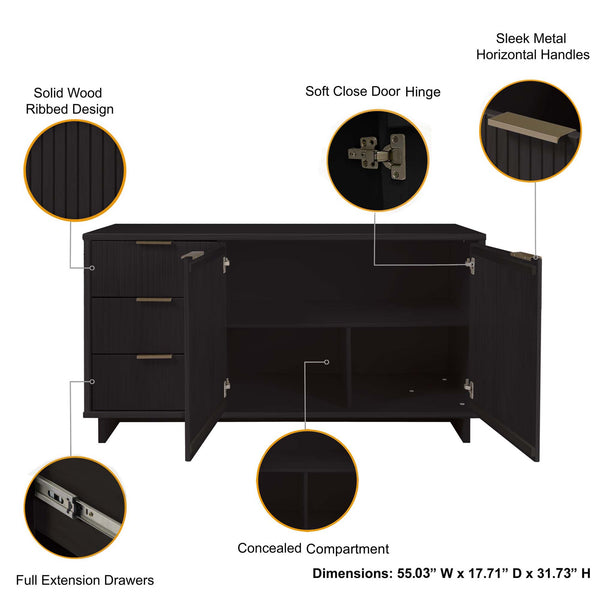 English Elm Granville 55" Sideboard with Solid Wood Ribbed Drawers, Gold Steel Handles & 3 Concealed Shelves Black B365S00115
