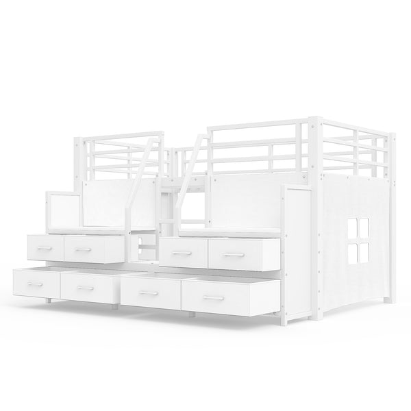 English Elm Twin Low Loft Bed with Shelves Fabric Drawers and Under Bed Study Nook Metal Frame Light White W5305S00042