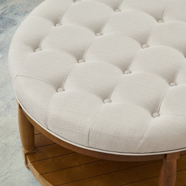 English Elm Large Round Tufted Ottoman Coffee Table with Wood Shelf for Living Room Lounge Ivory W2186P212193