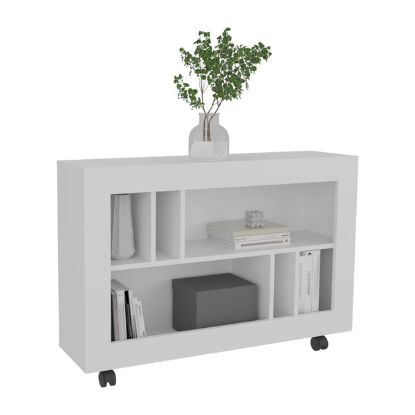 English Elm Joge versatile 37.4" console table cart with six staggered shelves, casters, sleek modern storage solution for entryway and living room White 42.9 L x 16.5 W x 5.5 H B200P286950