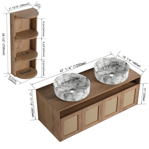 English Elm 48" Floating Bathroom Vanity Oak Finish Dual Ceramic Sinks Soft Close Plywood Cabinet W999S00506