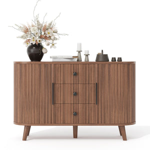 English Elm Sideboard Fluted Credenza with Three Drawers Two Doors Matte Black Modern Storage Walnut T3773P417317