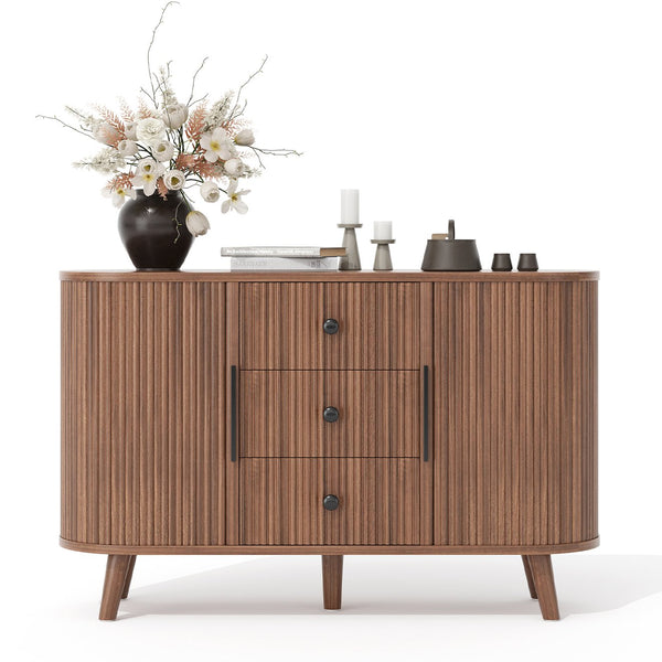 English Elm Sideboard Fluted Credenza with Three Drawers Two Doors Matte Black Modern Storage Walnut T3773P417317