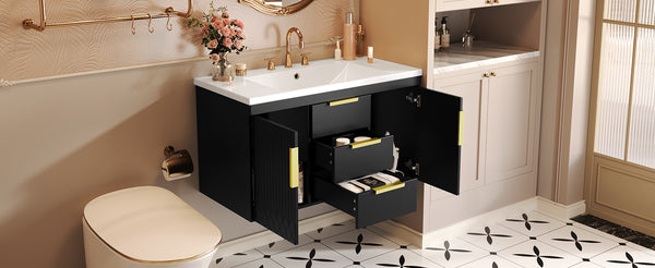 English Elm 36'' Wall Mounted Bathroom Vanity with Sink, Floating MDF Cabinet, 2 Drawers, Rust-Resistant Handles Black N710P253035B