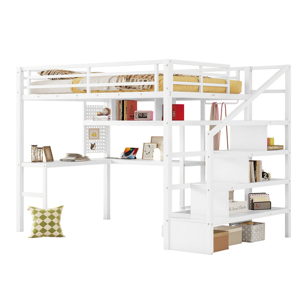 English Elm Full Size Loft Bed With Integrated Led, Workspace & Storage, Stylish Metal Frame For Kids' Rooms W2593S00018
