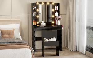 English Elm Makeup Vanity with Hollywood Bulbs Fluted Mdf Dressing Table Glam Storage Stool N704P340251B
