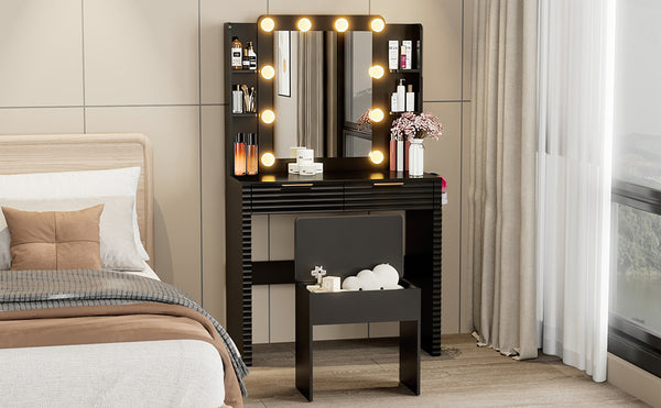 English Elm Makeup Vanity with Hollywood Bulbs Fluted Mdf Dressing Table Glam Storage Stool N704P340251B