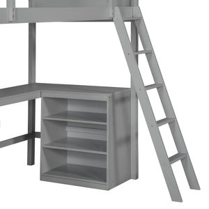 English Elm Twin Loft Bed with Built-in Desk and Open Shelves Solid Pine Kids Study Sleep Gray LT001537AAE-1