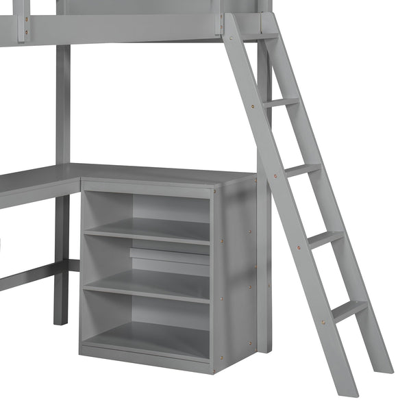 English Elm Twin Loft Bed with Built-in Desk and Open Shelves Solid Pine Kids Study Sleep Gray LT001537AAE-1