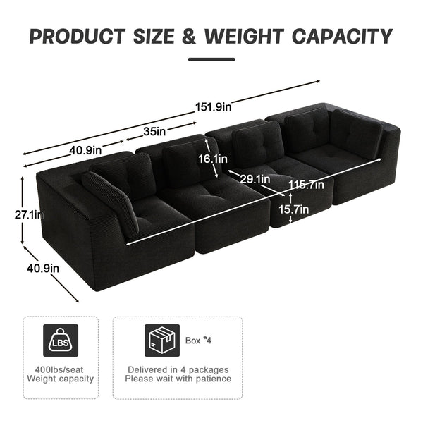 English Elm Modern Corduroy Tufted Modular Sectional with Deep Seating and Anti-slip Base Black W714S01792