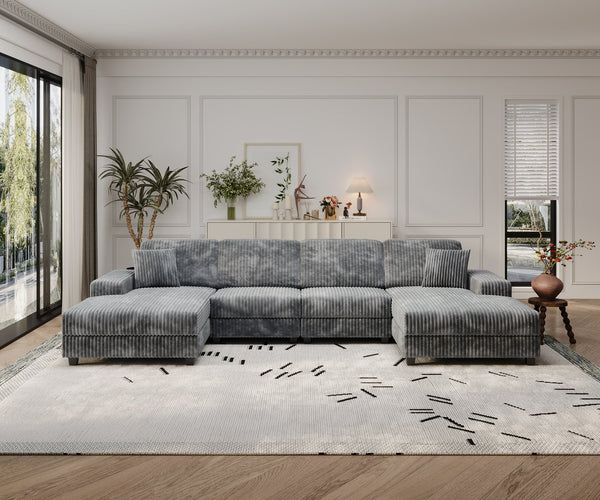 English Elm Convertible U-Shaped Sofa With Storage, Modern Corduroy 4-Seat Lounge For Cozy Living Rooms W1793S00028