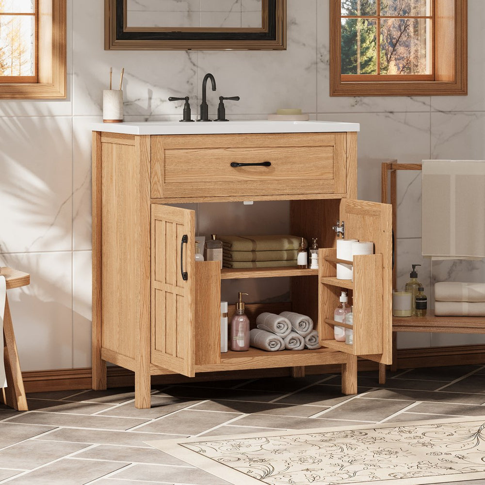 English Elm 30" Solid Pine Bathroom Vanity with Resin Sink Soft Close Doors and Natural Grain Finish N710P405952P