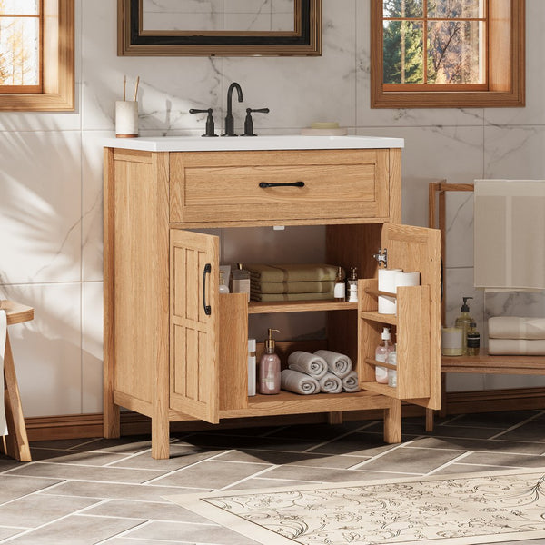 English Elm 30" Solid Pine Bathroom Vanity with Resin Sink Soft Close Doors and Natural Grain Finish N710P405952P