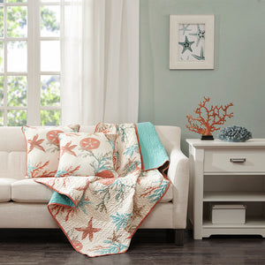 JLA Home Madison Park - Oversized Coastal Cotton Quilted Throw with Starfish & Coral Motifs, Reversible Aqua Comfort and Warmth MP50-3723