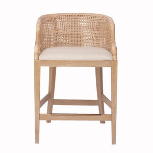 English Elm Handcrafted Playa Rattan Counter Stool 25" H — Natural Whitewash Back, Linen Cushion, Antique Bronze Guard B035129478