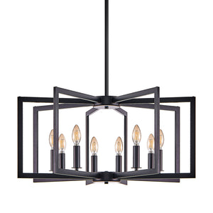 English Elm 27" Eight Light Matte Black Iron Geometric Chandelier for Dining and Living Spaces W1340P279980
