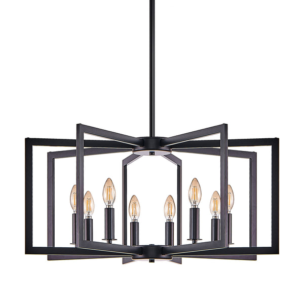 English Elm 27" Eight Light Matte Black Iron Geometric Chandelier for Dining and Living Spaces W1340P279980