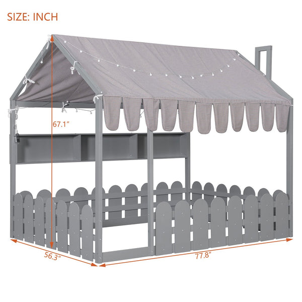 English Elm {slats Are Not Included} Twin Montessori House Floor Bed Kids Tent Lights Shelves Pinewood Frame Gray N708P407963E