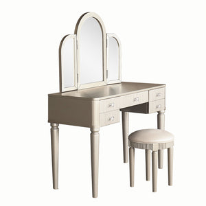 English Elm AGODY Mirrored Vanity with LED Light and Solid Rubber Wood Frame, Skin-Friendly PU Seat for Bedroom Champagne W2170P208424