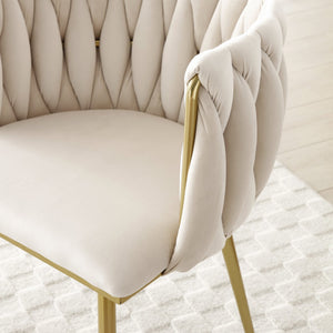 English Elm Modern Velvet Dining Chairs Set of 2 with Woven Backrest and Gold Metal Legs, Elegant Arc Design for Home Beige W1117P209795