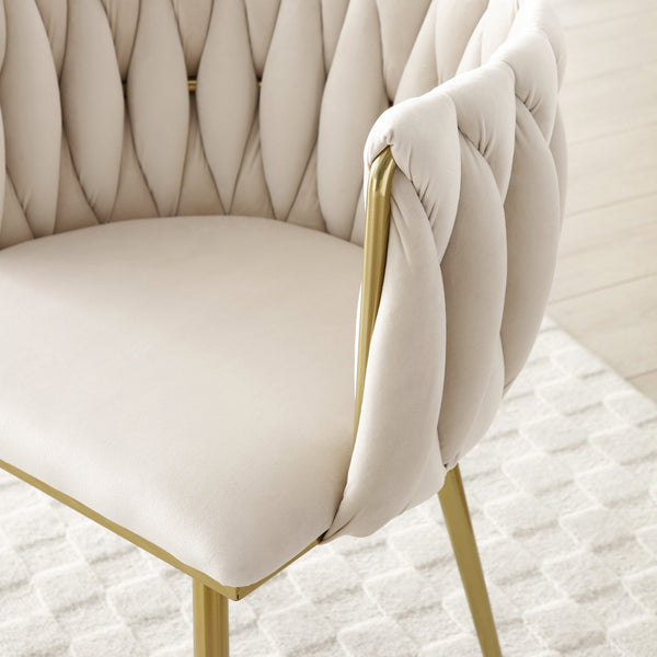 English Elm Modern Velvet Dining Chairs Set of 2 with Woven Backrest and Gold Metal Legs, Elegant Arc Design for Home Beige W1117P209795