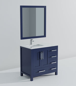 English Elm Navy Bath Vanity 36" W x 22" D with Left Carrara Marble Top, Chrome Faucet, 34" Mirror, Durable Finish B2731S01268