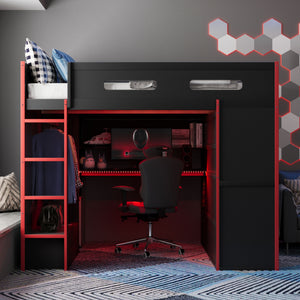 English Elm Full Size Gaming Loft Bed with Rgb Lighting Desk Wardrobe and Built-in Storage Red LT100261AAR