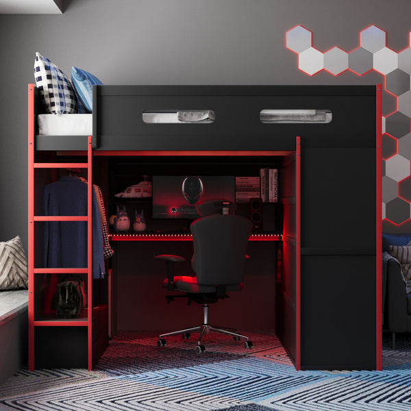 English Elm Full Size Gaming Loft Bed with Rgb Lighting Desk Wardrobe and Built-in Storage Red LT100261AAR