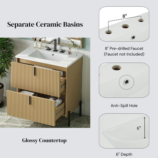 English Elm Christopher Knight Home® - 30" Bathroom Vanity With Elegant Ceramic Sink, Soft-Close Drawers & Fluted Design For Modern Spaces N817P288931N