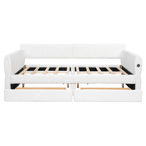 English Elm Queen Lambswool Platform Bed with Usb Charging Armrests and Under Storage Drawers White N7500000601K