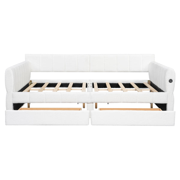 English Elm Queen Lambswool Platform Bed with Usb Charging Armrests and Under Storage Drawers White N7500000601K