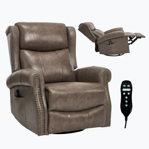 English Elm Heat Massage Swivel Rocker Recliner Genuine Leather Chair with Lumbar Relief W3224S00011