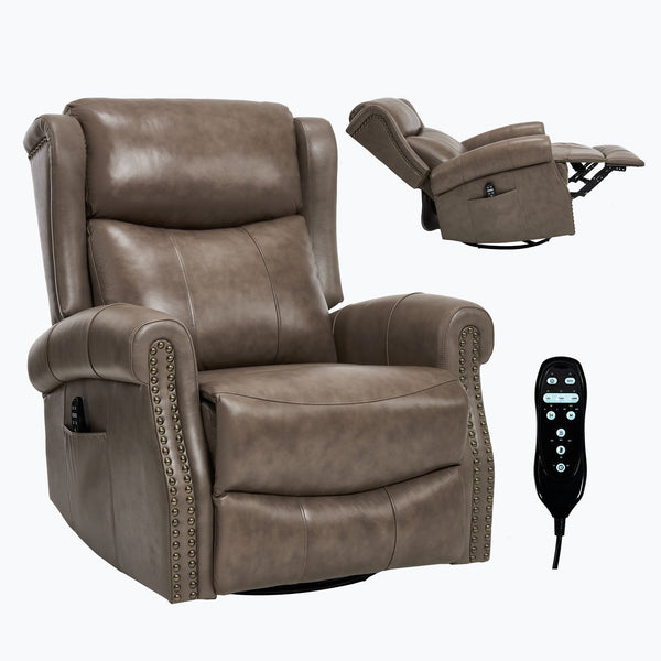 English Elm Heat Massage Swivel Rocker Recliner Genuine Leather Chair with Lumbar Relief W3224S00011