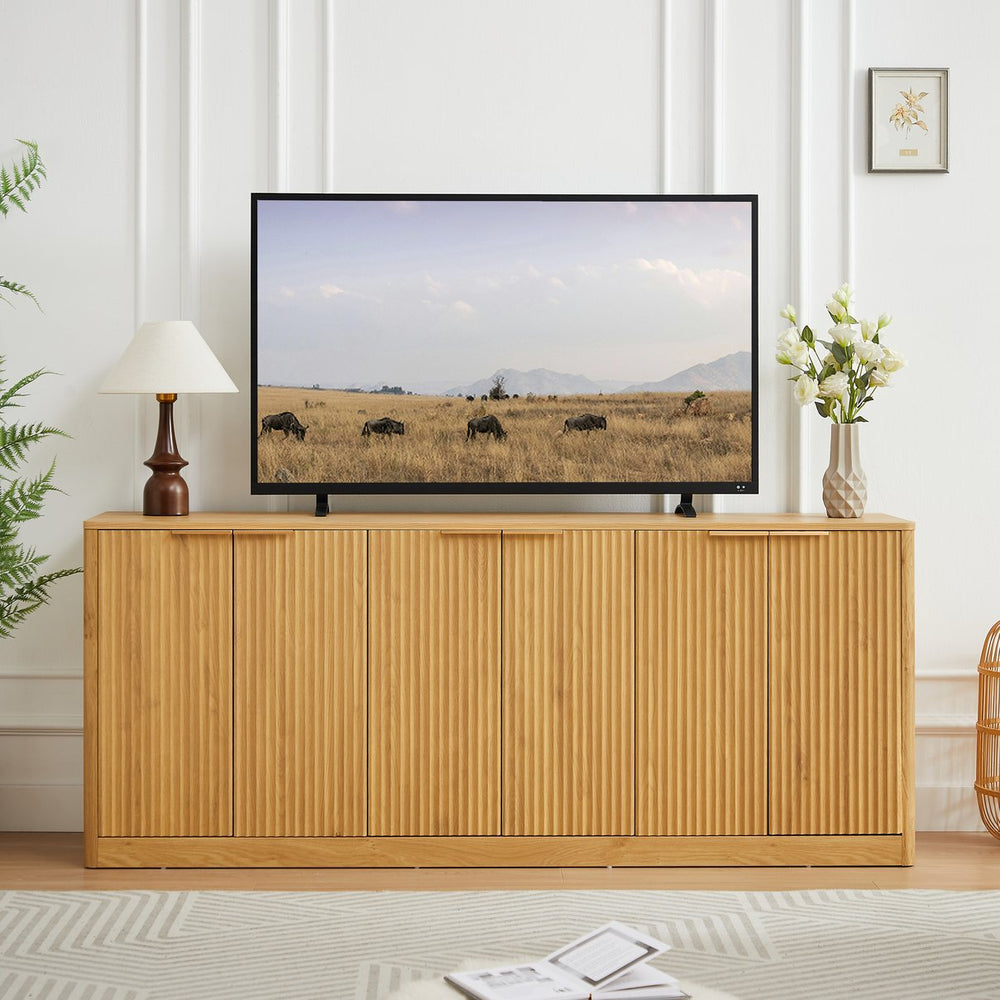 English Elm 67-inch Wavy Sculptural Sideboard Six Door Mdf Storage Cabinet for Living or Dining Natural W1162P339092