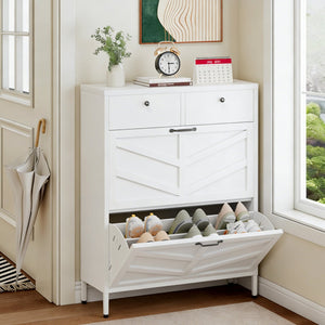 English Elm Shoe Cabinet Slim Steel Entryway Organizer with Flip Compartments and Retro White Finish T2398P413025