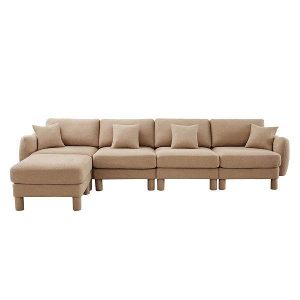 English Elm Boucle 4-Seater Convertible L-Shape Sectional Sofa With Shell-Shaped Armrests & Removable Ottoman W3041S00288
