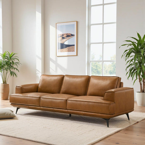 English Elm Knox Top-grain Leather Three Seat Sofa Mid-century Modern Living Room Couch B183P423292