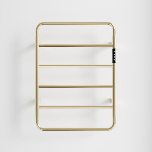English Elm 18.7" Heated Towel Rack with Touchscreen Timer, 6-Bar Stainless Steel 150W Rapid Warm Carbon Fiber Brushed Gold T3177P305027