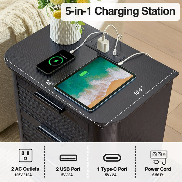English Elm 22" Fluted Wood Nightstand with Built-in Charging Station Three Drawer Bedside Storage Black Woodgrain T5326P431147