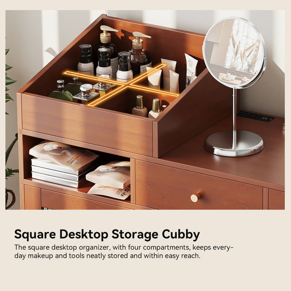 English Elm Modern Makeup Vanity Desk with Reeded Glass Door, 4-Compartment Cubby, Charging Port & Stool Comfortable Craftsmanship for Compact Spaces Walnut N844P285187W