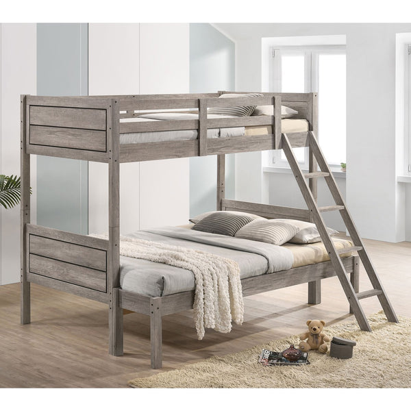 English Elm Brenton Twin-Over-Twin Bunk Bed with Ladder and Slatted Rails, Solid Rubberwood Farmhouse Style Retreat Brown B062S01006
