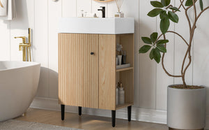 English Elm 21.6" Wood Bathroom Vanity with Ceramic Sink, Right Side Storage, Gold Legs, Soft-Close Doors, Modern SV000006AAD
