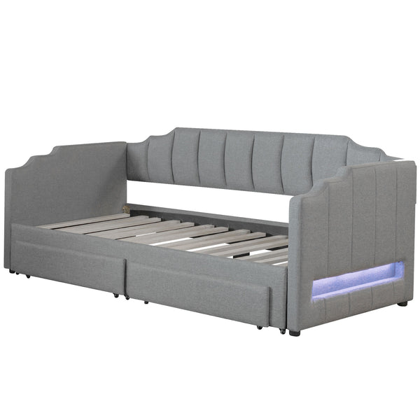 English Elm Twin Extendable Upholstered Daybed with Two Storage Drawers, LED Light, Slat Kit Included for Guests Gray N7500002061E