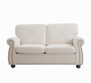 English Elm Soft Velvet Upholstered Loveseat with Turned Wood Legs Nailhead Trim Mid-century Style Ivory B2735P292313