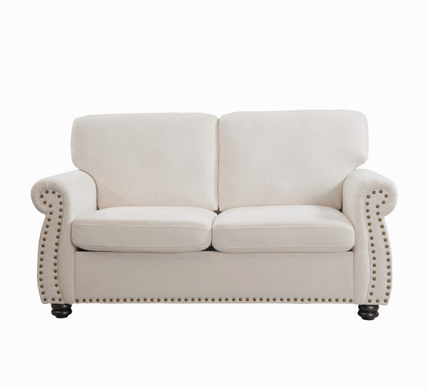 English Elm Soft Velvet Upholstered Loveseat with Turned Wood Legs Nailhead Trim Mid-century Style Ivory B2735P292313