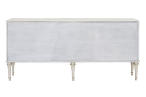 English Elm Ansaldo Pearl White Console Cabinet with Silver Shimmer, French Provincial Glass Doors & Turned Legs B2726P285786