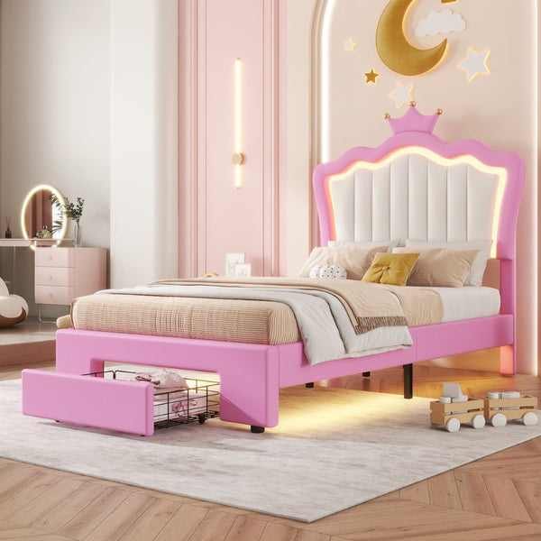 English Elm Twin Upholstered Bed Frame With Led Lights & Crown Headboard - Pink And White, Stylish Storage Solution W2770P190376-GIGA