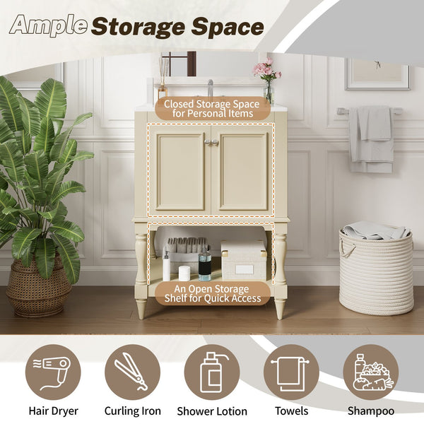 English Elm 24'' French Style Bathroom Vanity with Ceramic Sink Soft Close Cabinet and Drawer Beige N710P411341Y